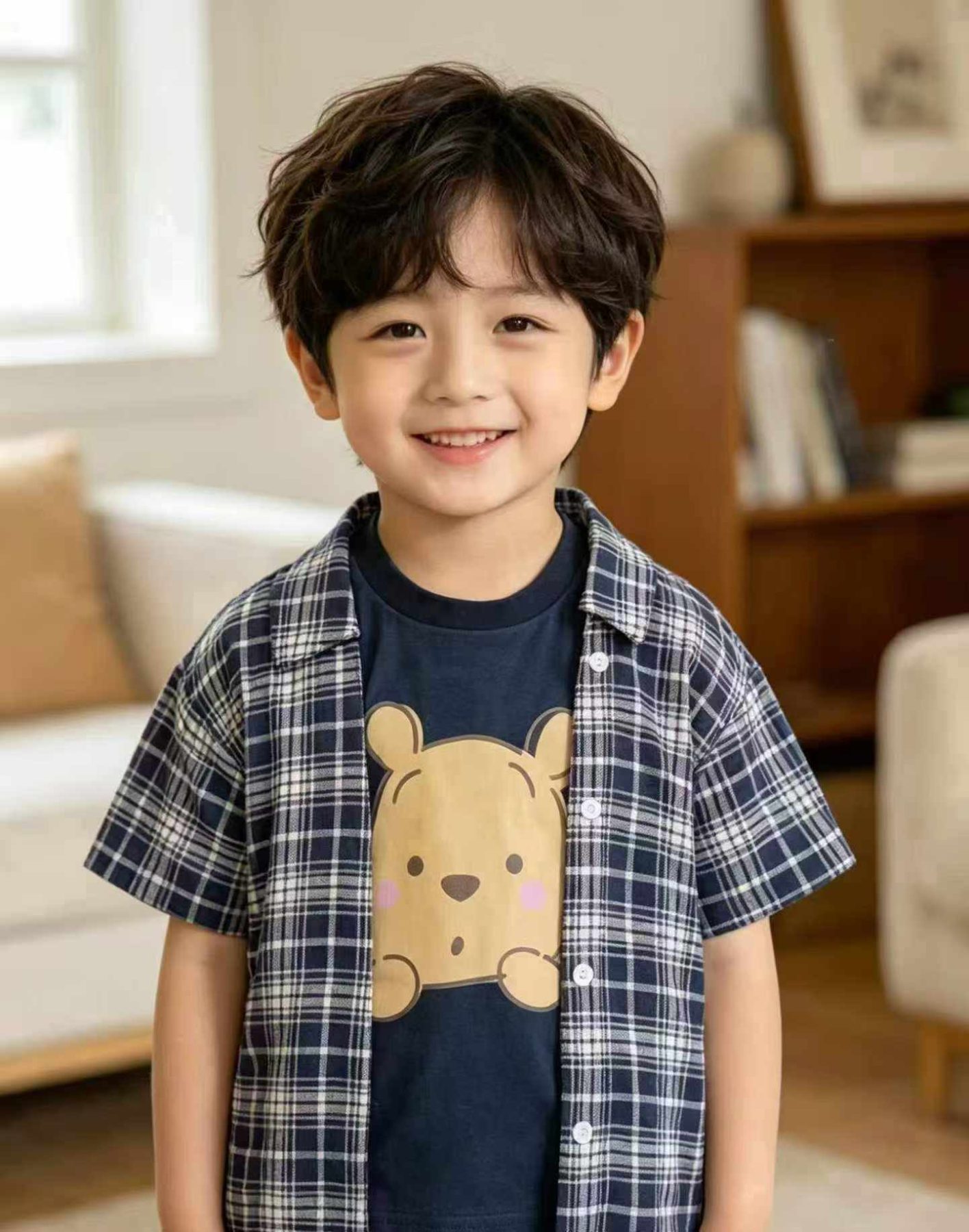 夏季儿童卡通维尼熊假两件短袖 韩系格子衬衫 透气百搭男童T恤上衣