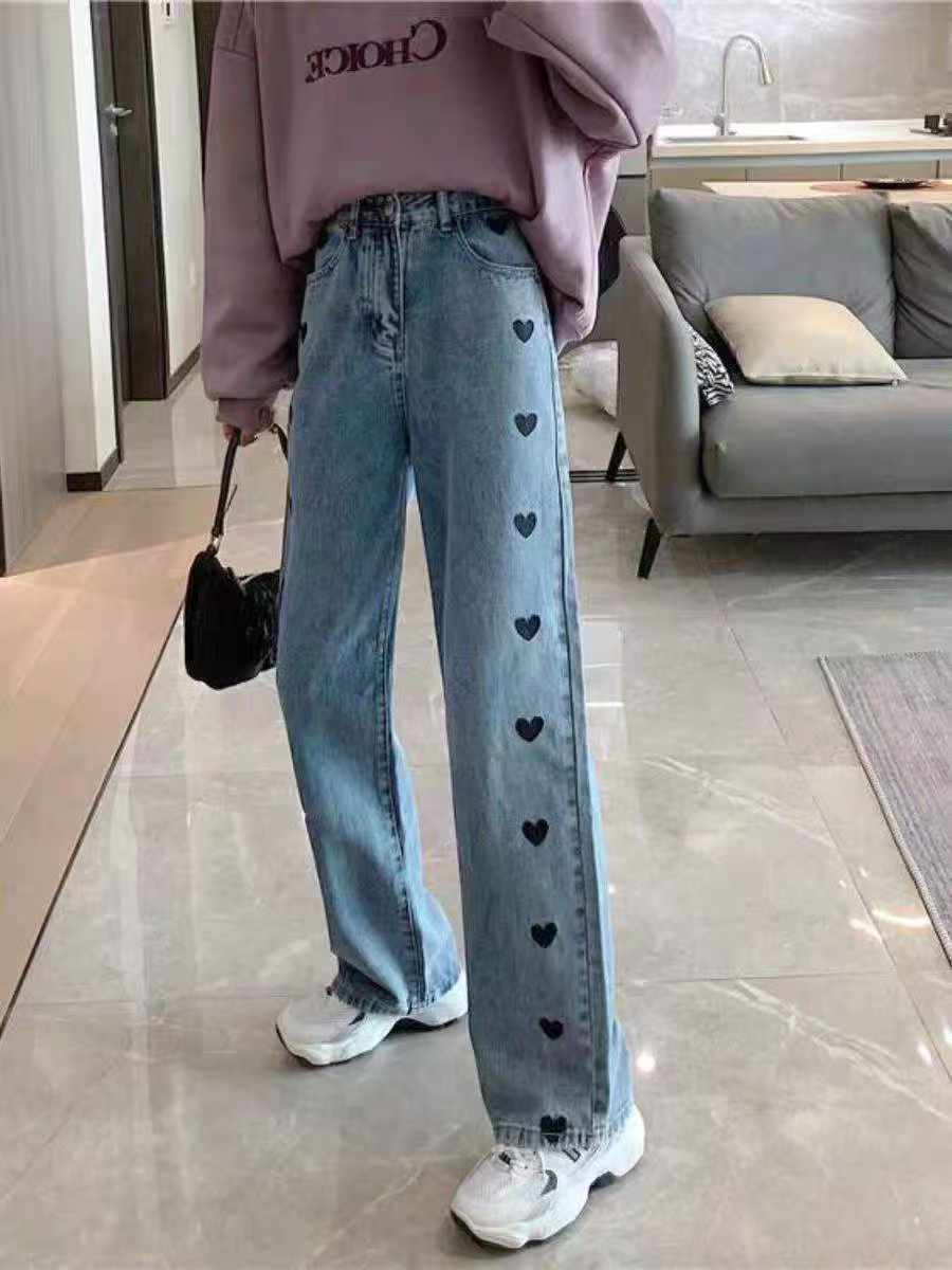 高品质YE·SHA品牌爱心刺绣牛仔裤女装新款高腰显瘦 罗意威标纽扣角钉
